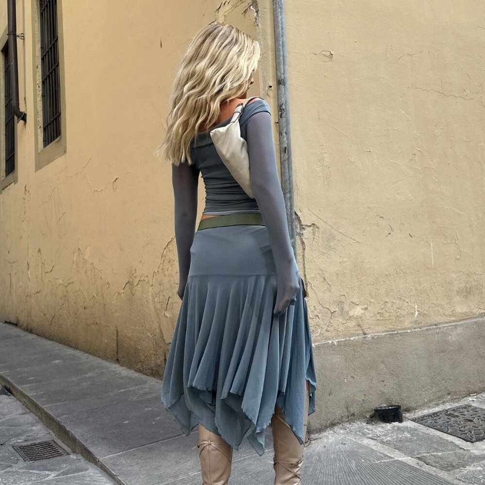 Motel Jovali Low Waist Midi Skirt In Blue Grey Mesh